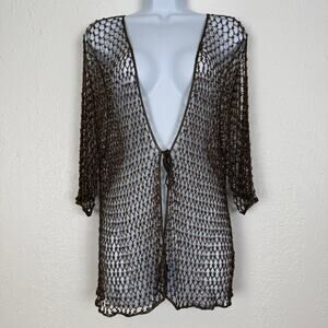 No Brand Beaded Crochet Net Cardigan Top Sheer Open Front Tie Brown Boho OS